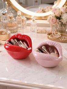 Glossy Red Lips Makeup Organizer, Vanity Storage Bowl For Brushes, Lipsticks, Mascara, Compacts And Beauty Tools; Creative Dressing Table Decor, Desktop Holder And Stylish Unique Gift For Makeup Lovers. - Classic - View 10