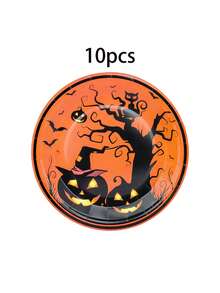 10pcs/20pcs/40pcs/60pcs Vintage Halloween Paper Tableware Set, Black Cat Ghost Tree 7/9 Inch Paper Plates 6.5 Inch Napkins, Orange & Black Halloween Party Supplies, Halloween Birthday Haunted House Theme Party Decoration Dinner Dessert Plates Napkins Set - Multicolor - View 9