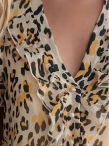 French Leopard Print V-Neck Ruffle Chiffon Blouse, Sleeveless Cinched Waist Slimming Casual Shirt For Commuting, Dating, Vacation, Elegant Summer - Orange - View 6