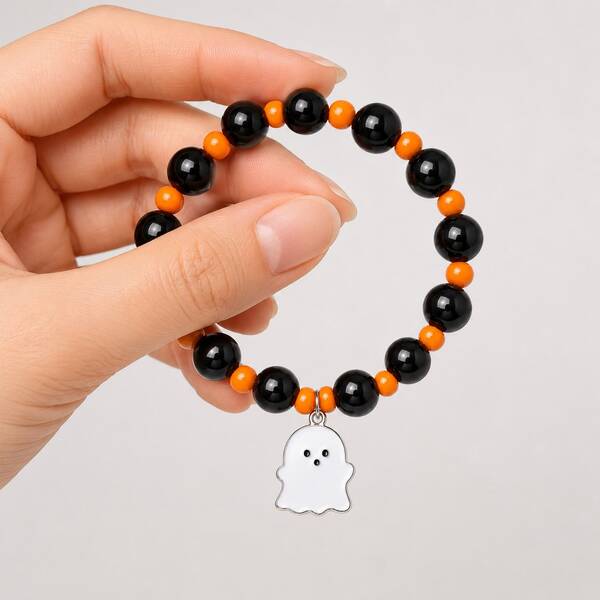 Halloween White Ghost Pendant Beaded Bracelet | Black & Orange Contrast Elastic Wristband | Cute Ghost Theme Halloween Decoration | Suitable For Halloween Party Outfit Matching, Trick Or Treat, Teenager Gifts, Party Favors And Holiday Costume Accessories