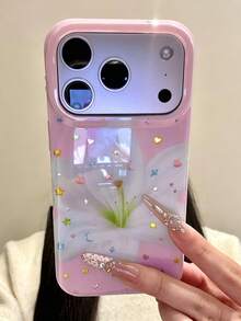 美學可愛花卉亮面雷射手機殼，適用於 iPhone 17ProMax 17Pro 17 16ProMax 16Pro 16 15 14 13 Pro Max，時尚之星軟背蓋禮物 - 粉紅白百合 - 查看 1