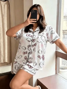 SANRIO Plus Size Silk Pajama Set, Short Sleeve Button Front Lapel Bow Cartoon Pocket Contrast Trim Loungewear - White - View 1