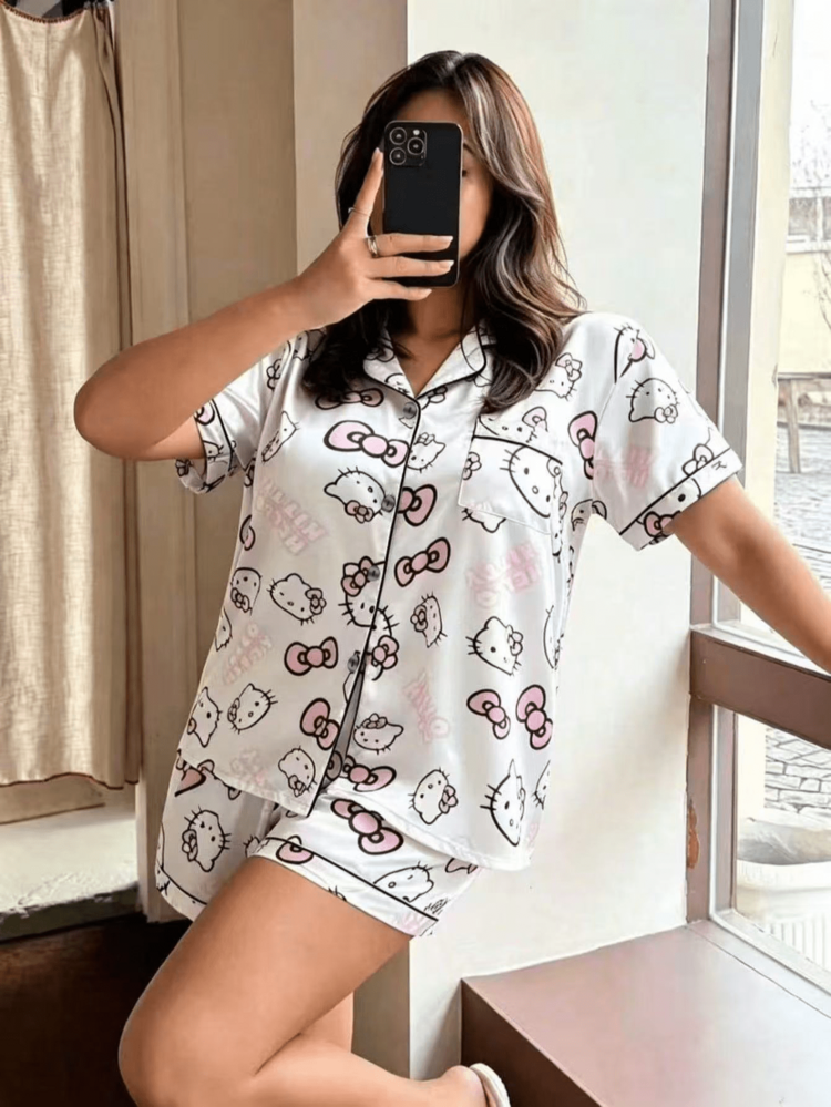 SANRIO Plus Size Silk Pajama Set, Short Sleeve Button Front Lapel Bow Cartoon Pocket Contrast Trim Loungewear - White - View 1