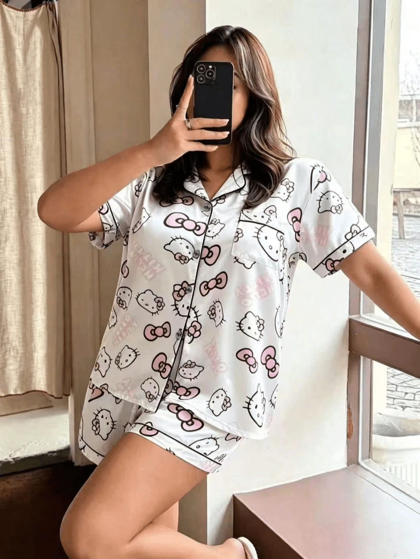 SANRIO Plus Size Silk Pajama Set, Short Sleeve Button Front Lapel Bow Cartoon Pocket Contrast Trim Loungewear - White - View 1