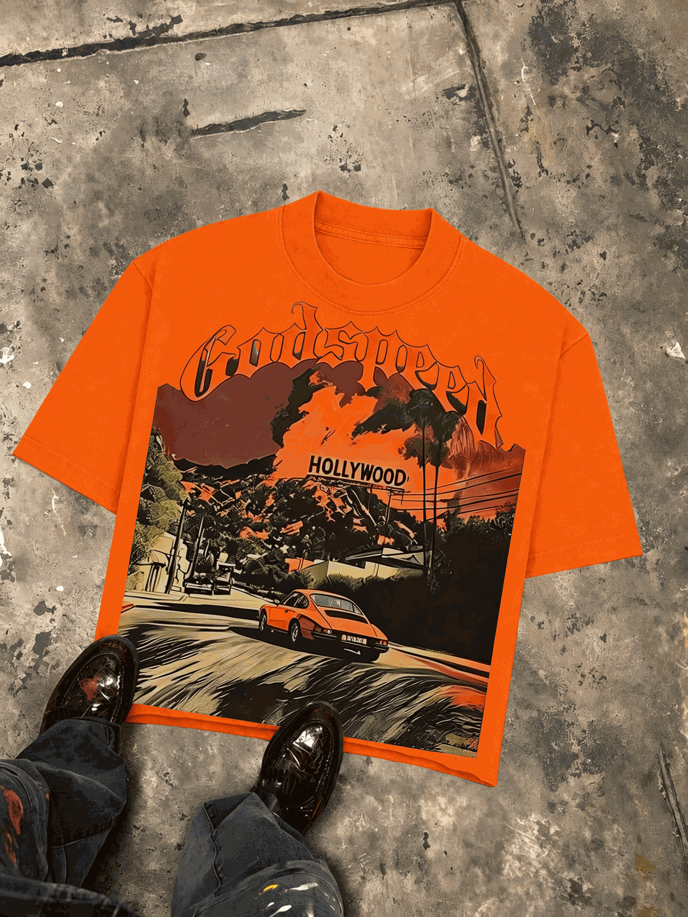 Holly Wood Hills Orange Sunset Distressed Millenium Cyber Tee, Oversized 180g Premium Cotton, Weekend Drive Aesthetic For Men - 橘色 - 查看 1