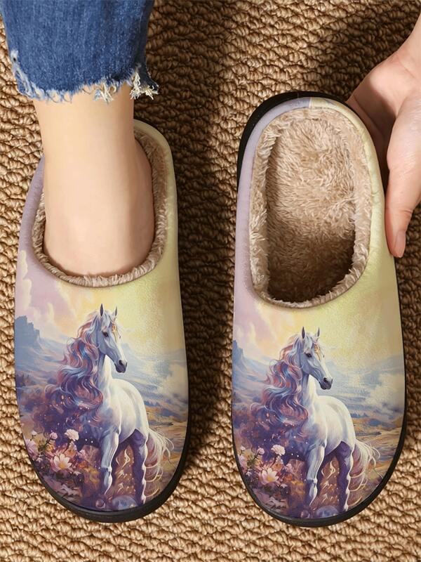 1 Pair Unisex Casual Fabric Slippers, Cartoon Animal Design, Home Wear, Winter Anti-Slip, Dreamy Rainbow White Horse Print