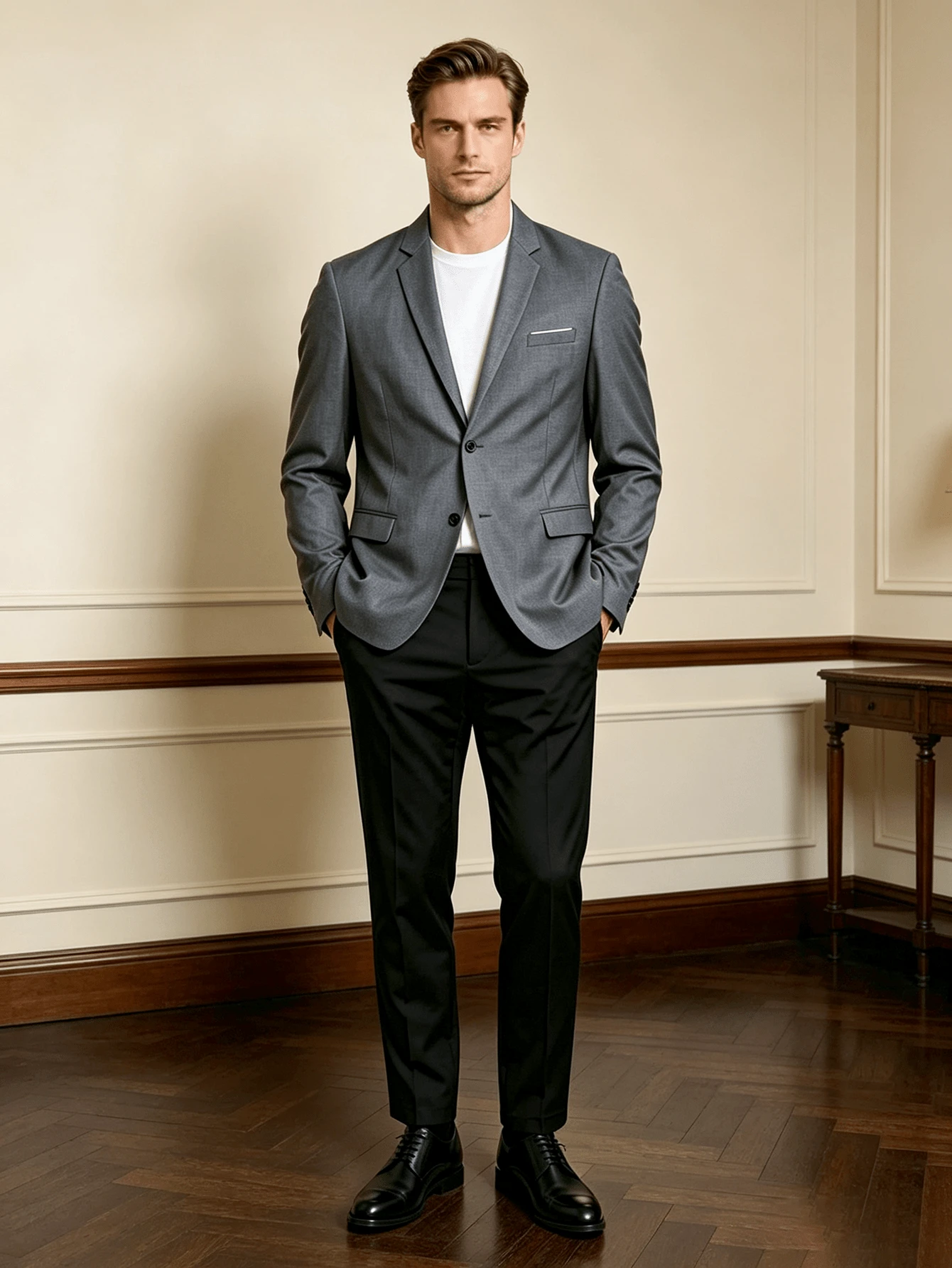 Men's Solid Gray Formal Suit Jacket And Black Suit Pants 2-Piece Set - Multicolor - View 1