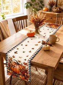 1 Peça - Caminho de Mesa de Ação de Graças com Cesta de Abóbora, Caminho de Mesa Xadrez Búfalo de Outono, Decoração de Jantar Fazenda de Colheita de Outono com Folhas de Bordo, Bagas e Borboletas para Festa em Casa - Multicolorido - Visão 4