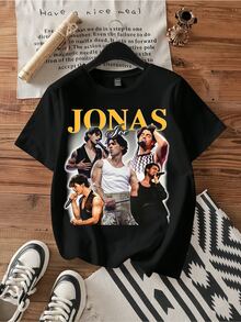 Joe Jonas Yellow Gradient Multi Shot Retro Concert Bootleg Graphic Tee. - 黑色 - 查看 1