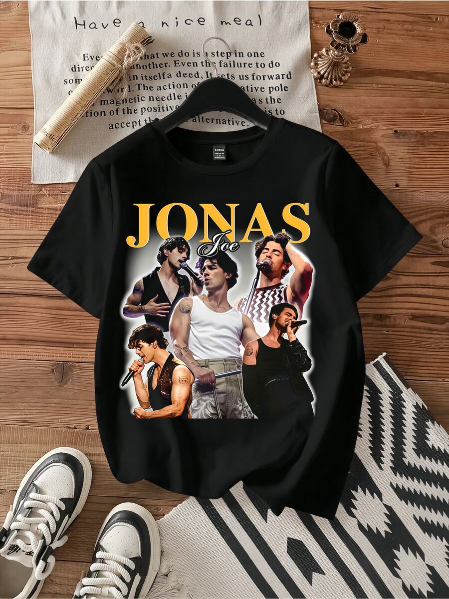 Joe Jonas Yellow Gradient Multi Shot Retro Concert Bootleg Graphic Tee. - 黑色 - 查看 1