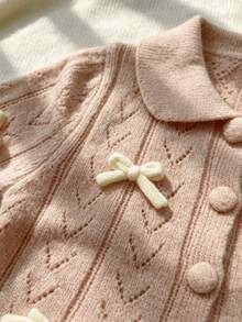 WUHUANG YIYI 2pcs/Set Baby Girls Cute Collar Handmade Bowknot Decor Ruffle Sleeve Solid Color Sweater Top & Pants Set, Loose Fit For Daily Wear, Autumn/Winter - وردي - مشاهدة 4