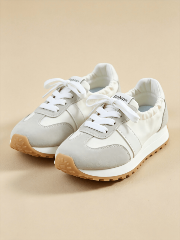 Light Gray & Beige Colorblock Pleated Heel Women's German Trainer Shoes, Lightweight Soft Sole Natural Rubber Anti-Slip Slip-On Low-Cut Breathable Commuter Flat Casual Jogging Sneakers