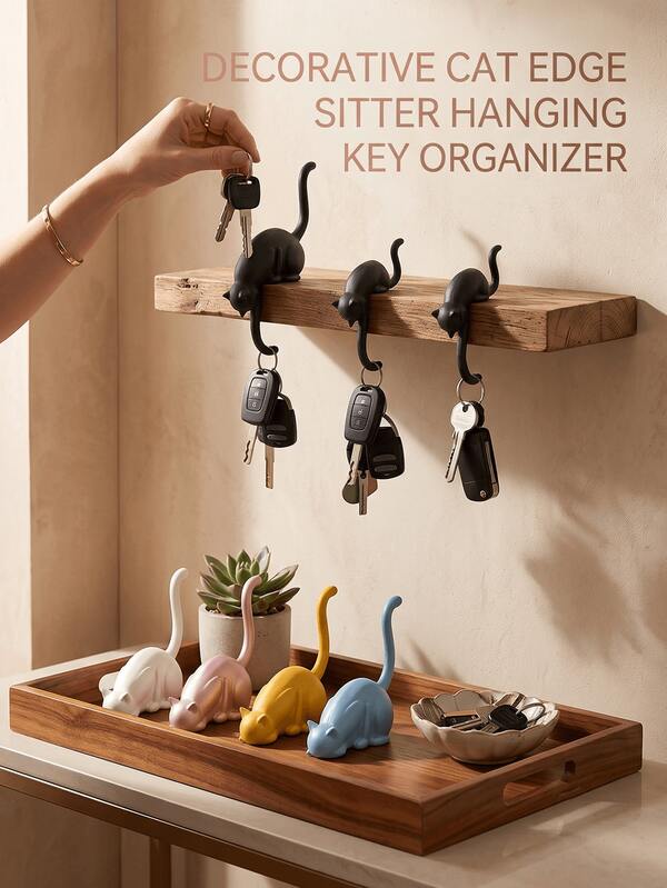 24/1pc Creative Black & Multicolor Cat Edge Hook, Plastic Hanging Key Storage Rack, Suitable For Floating Shelves, Cute Paw & Tail Shaped Decorative Rack, Entryway & Living Room Decor, Suitable For Adult Cat Lovers, All Season