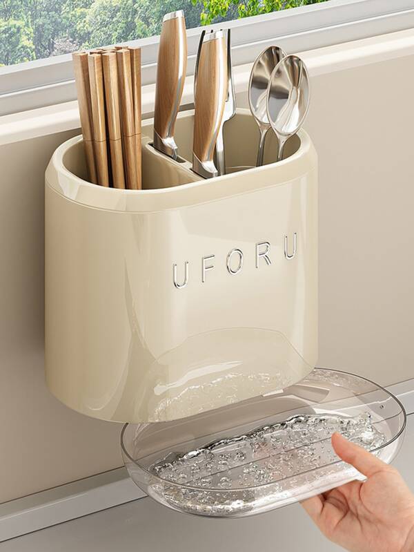 1pc Modern White Wall-Mounted Chopstick Holder, Drill-Free Utensil Storage Rack And Kitchen Drain Rack With Removable Drip Tray, Kitchen Sink Organizer Basket For Chopsticks, Spoons, Forks, Knives And Spatulas, Space-Saving Cabinet Storage Rack, Suitable For Daily Use