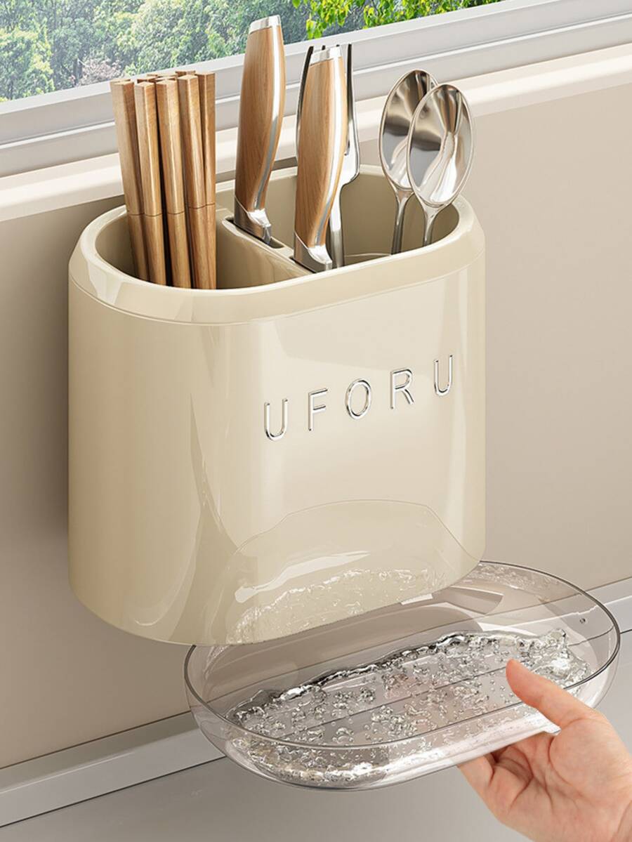 1pc Modern White Wall-Mounted Chopstick Holder, Drill-Free Utensil Storage Rack And Kitchen Drain Rack With Removable Drip Tray, Kitchen Sink Organizer Basket For Chopsticks, Spoons, Forks, Knives And Spatulas, Space-Saving Cabinet Storage Rack, Suitable For Daily Use