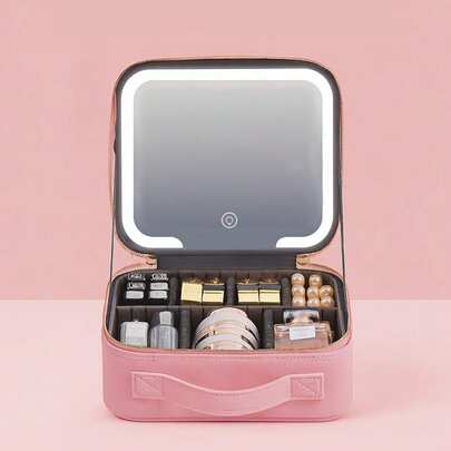 1pc Portable PU Makeup Organizer Box With Detachable LED Light Mirror, 3 Light Modes Touch Control, Large Capacity Adjustable Dividers Cosmetic Storage Bag, Handheld Travel Makeup Organizer, Women's Gift
