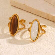 1pc/2pcs Stainless Steel Elegant Vintage Style Amber Oval Ring Set Suitable For Women's Daily, Holiday, Date And Travel Wear - Multicolor - View 7