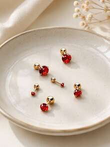 1pair 925 Sterling Silver Earring With Red Ruby & Cubic Zirconia, Fashionable Mini Daily Casual Women's Stud Earring Holiday - Yellow Gold - View 2