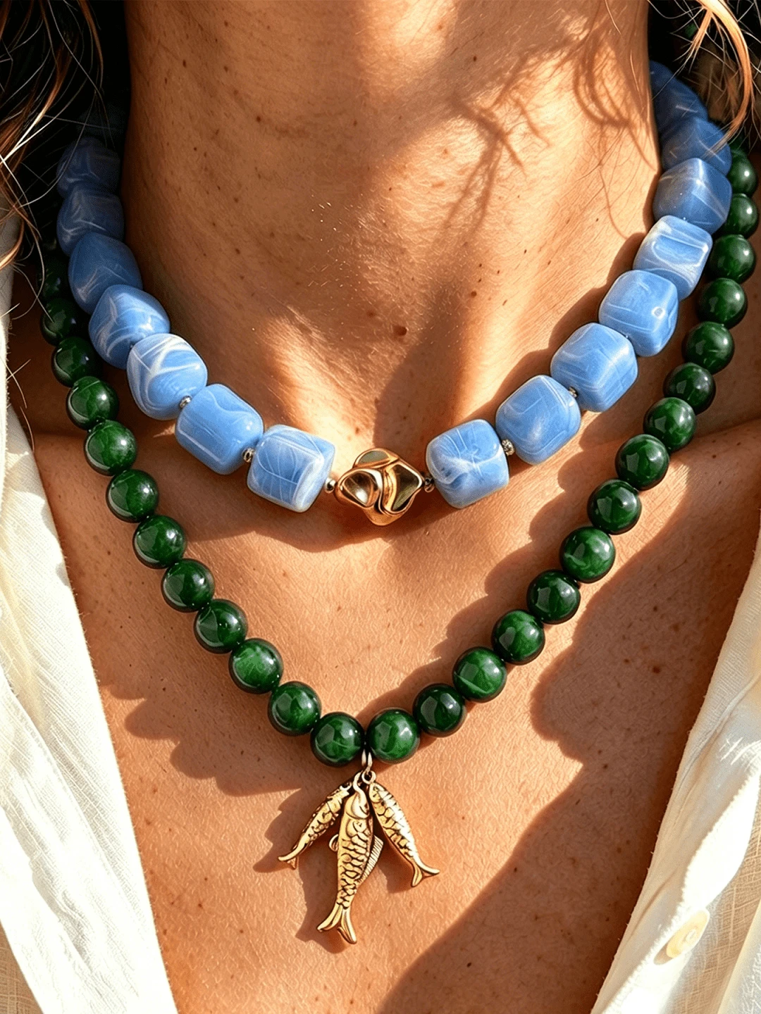 2/1pc Casual Bohemian Style Acrylic Beaded Fish Pendant Collarbone Necklace Set, Geometric Pattern Round Necklace For Women, Daily Wear, Date, Party, Summer Beach Vacation, Perfect Birthday Gift For Best Friend (Random Beaded Quantity + Slight Color Difference) - Blue - View 1