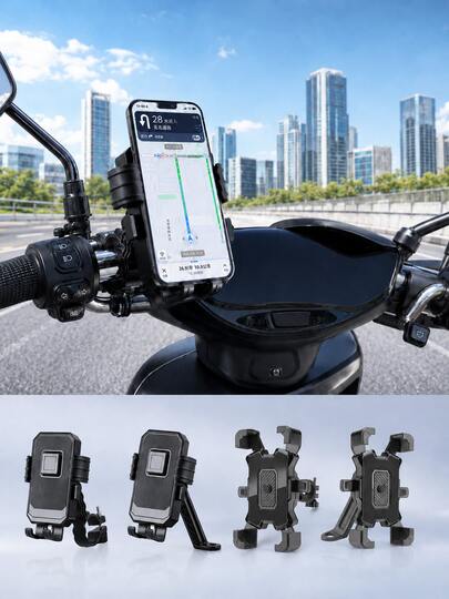 1pc Universal Motorcycle Phone Mount, One-Click Lock/Four-Corner Grip Bicycle Phone Holder, 360° Rotatable Anti-Shake Handlebar/Mirror Mount, Open Charging Design, ABS Material GPS Bracket, Suitable For Bicycle, Electric Bike, Scooter, 4.0-7.0 Inch Smartphone, Black