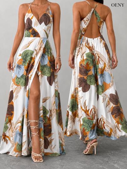 Women's Elegant Spaghetti Strap Dress, Sleeveless Spaghetti Strap Backless Slit Thigh Floral Print Woven Fabric Vintage Dress