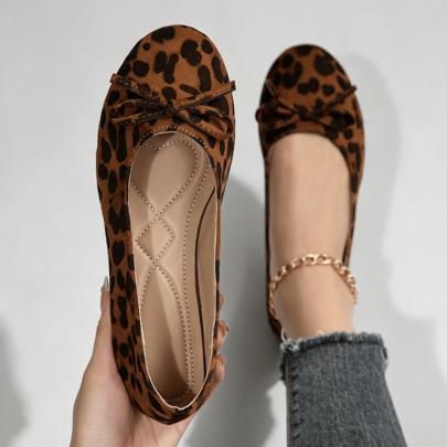 Women's Leopard Print Round Toe Flat Ballet Shoes With Small Bow, Vintage Suede Casual Commuter Loafers, Soft Sole Slip-On Versatile Driving Loafers, Spring/Autumn