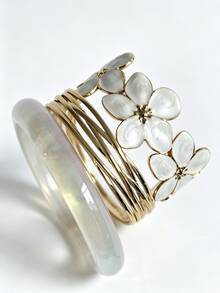 3pcs Vintage Vibrant Enamel Floral Stainless Steel Gold Elegant Floral Bracelet Set, High Street Fashion Resin Translucent Bright Summer Mix & Match Jewelry, Elegant Enamel Open Bangle Bold Aesthetic Accessory Stackable - Flower Set - View 8