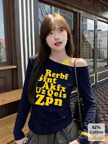 2026 New Letter Print Asymmetric Shoulder Design Women's Short Sleeve T-Shirt, Slim Fit Draped Style, Versatile Autumn Casual Top - Navy - View 1