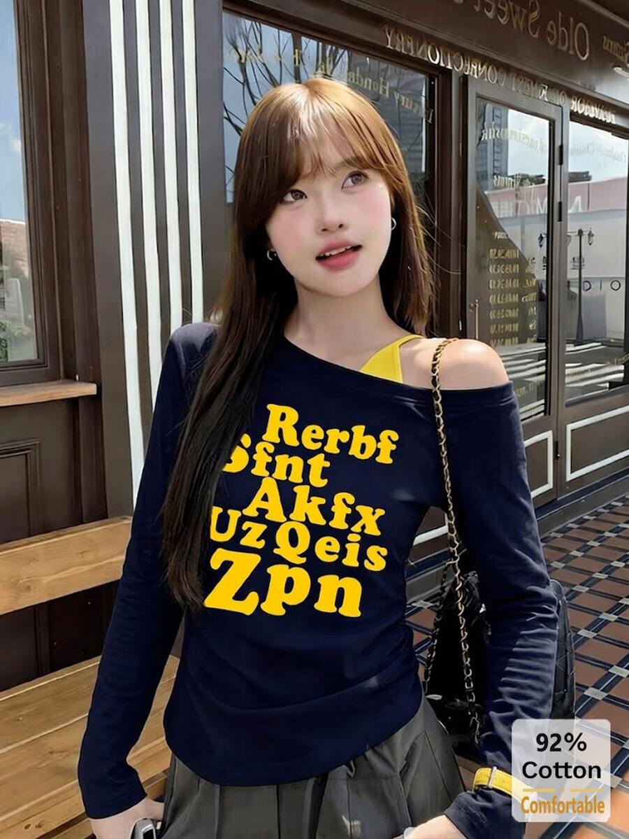 2026 New Letter Print Asymmetric Shoulder Design Women's Short Sleeve T-Shirt, Slim Fit Draped Style, Versatile Autumn Casual Top - Navy - View 1