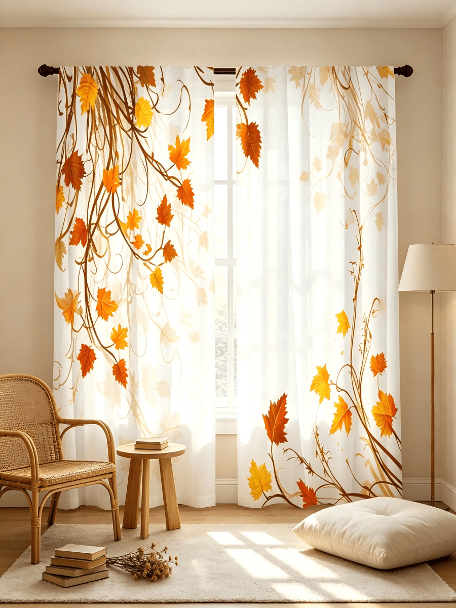 2 Stück Polyester Hochauflösend Digitaldruck Herbst Thanksgiving Baumzweig & Herbstblatt Muster Vorhänge, Wohnzimmer & Arbeitszimmer Heimdekoration, 2D flach