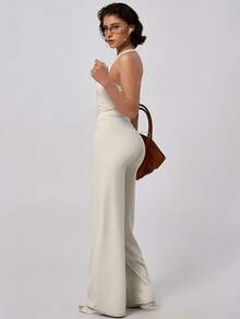 TimeOff Women's One Set Solid Color Racerback Detachable Padded Camisole & High Waist Wide Leg Pants Sports Set - Apricot - View 5
