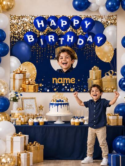 Multi-Size Dual-Custom Deep Sea Blue Gold Foil Glitter Luxury Birthday Backdrop, Featuring Gold Foil Rain, Stars, Gift Box Elements, Baby Boy 100 Days Dessert Table Photo Op Fabric Banner, Boy's Black & Gold Theme Birthday Decor, Portable Hanging Durable Party Banner