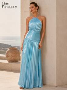 Lagoon Blue Metallic Plissé Halter Maxi Dress - 湖藍色 - 查看 7