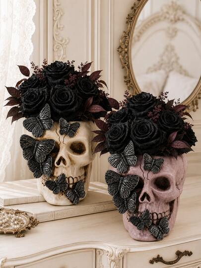 1pc Gothic Skull Vase, Butterfly Decor Flower Pot And Planter For Artificial Flowers, Succulents Or Dried Arrangements; Unique Cream Gothic Home Decoration For Vanity, Bookshelf, Living Room, Bedroom, Halloween Party And Dining Table, Gift Idea