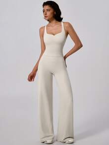 TimeOff Women's One Set Solid Color Racerback Detachable Padded Camisole & High Waist Wide Leg Pants Sports Set - Apricot - View 6