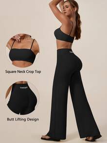 TimeOff Women's One Set Solid Color Spaghetti Strap Backless Bra High Waist Tummy Control Wide Leg Pants Sports Set - Black - View 1