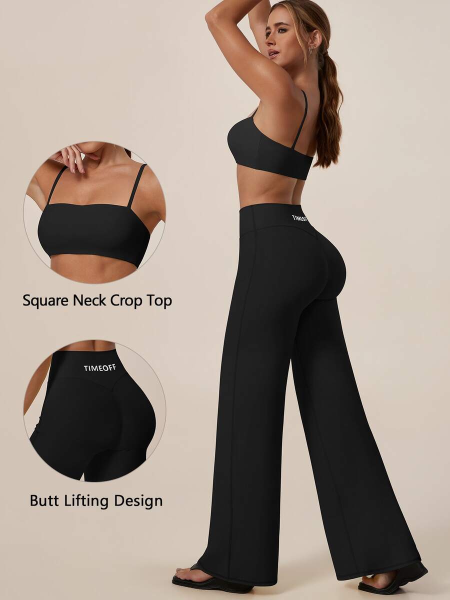 TimeOff Women's One Set Solid Color Spaghetti Strap Backless Bra High Waist Tummy Control Wide Leg Pants Sports Set - Black - View 1