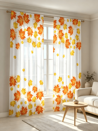 2PCS Autumn Falling Maple Leaf Sheer Curtains, Orange Yellow Fall Leaves Print Light Filtering Window Drapes, Semi Transparent Harvest Season Decor Curtain For Living Room Bedroom Home Decor