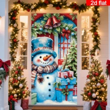 Cortina de puerta plana 2D de muñeco de nieve navideño, estilo acuarela con muñeco de nieve lindo con caja de regalo y árbol de Navidad, esquema de color rojo y azul, poliéster duradero, sin necesidad de energía, adecuado para decoración de fiesta de Navidad, se puede usar para decoración de pared, puerta y ventana interior y exterior, arreglo de ambiente festivo, hogar, centro comercial, estudio, escenas al aire libre, material de poliéster, sin necesidad de energía - A - Ver 3