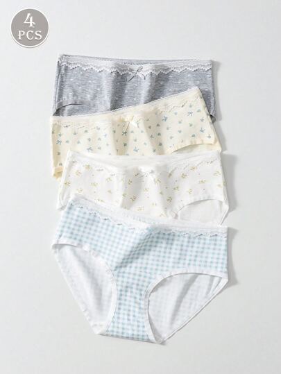 4pcs Ditsy Floral Pastoral Style Bow Lace Patchwork Cotton Women's Triangle Panties, Soft & Comfortable Bodycon Girls Underwear