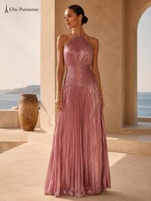 Dusty Rose Metallic Plissé Halter Maxi Dress - 重量 - 查看 13