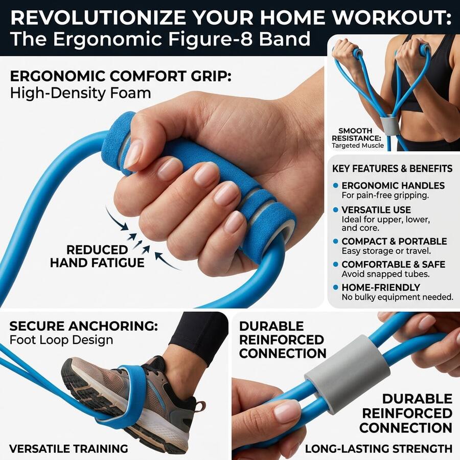 Figure 8 Resistance Band, Elastic Fitness Tube With Soft Foam Handles, Resistance Exercise Band For Yoga, Pilates, Home Gym, Strength Training, Arm, Leg, Chest & Core Workout - Blue - View 1