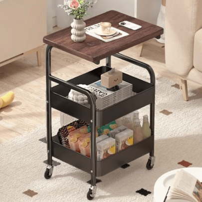 3-Tier Rolling Storage Trolley, Utility Cart With Wooden Tabletop And Lockable Wheels