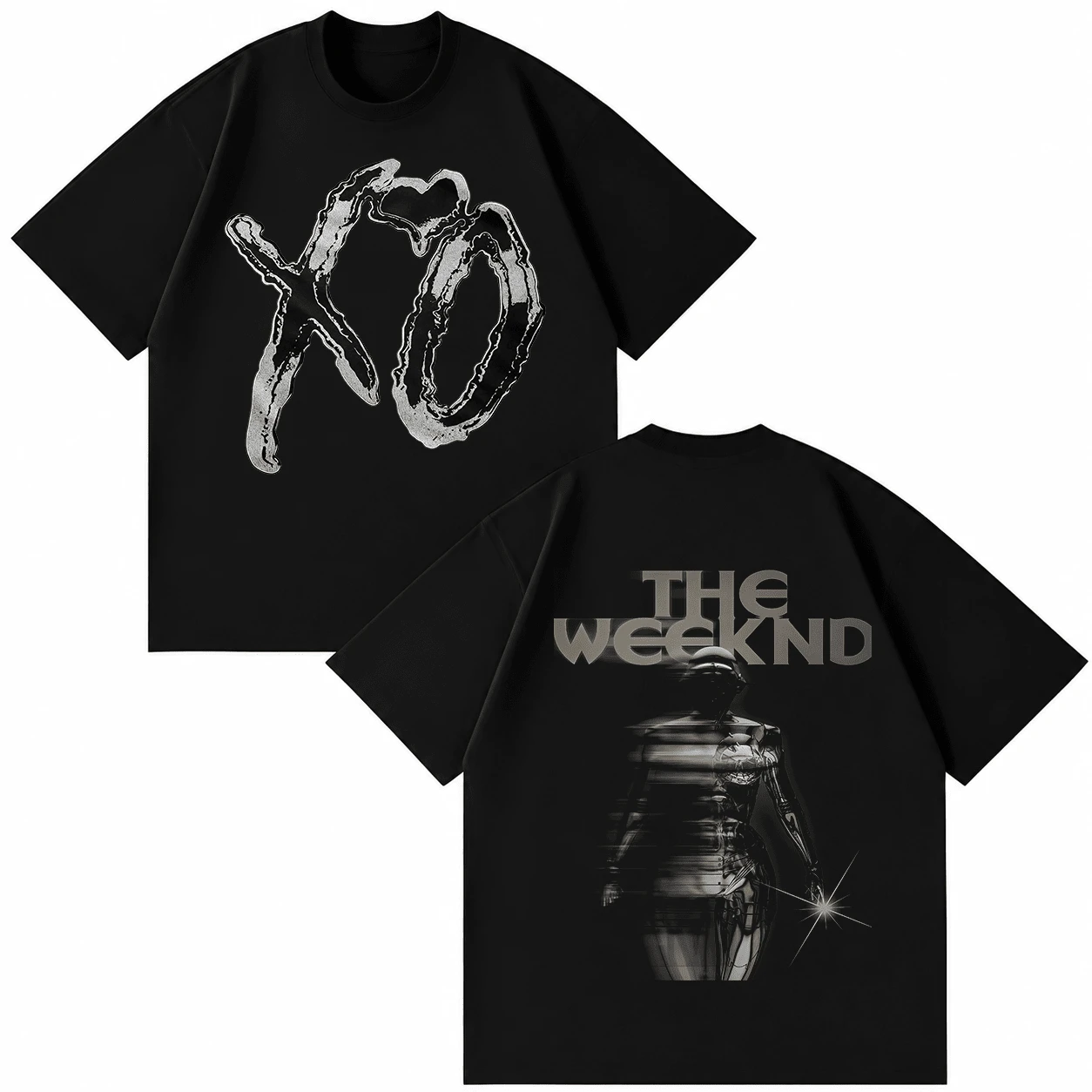 The Weekndd XO Grunge Tee, Black Double Side Shirt With Distressed Chromee XO Logo, Cyber Robot Back Print, Metallic THE WEEKNDD Text, R&B Fan - Black - View 1