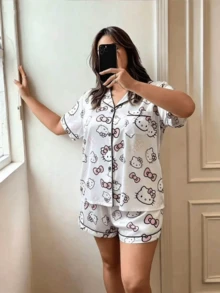 SANRIO Plus Size Silk Pajama Set, Short Sleeve Button Front Lapel Bow Cartoon Pocket Contrast Trim Loungewear - White - View 3