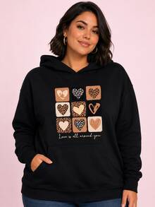 Women's Plus Size Plain Kangaroo Hoodie With Front Pocket And Hood Love Is All - 黑色1 - 查看 1