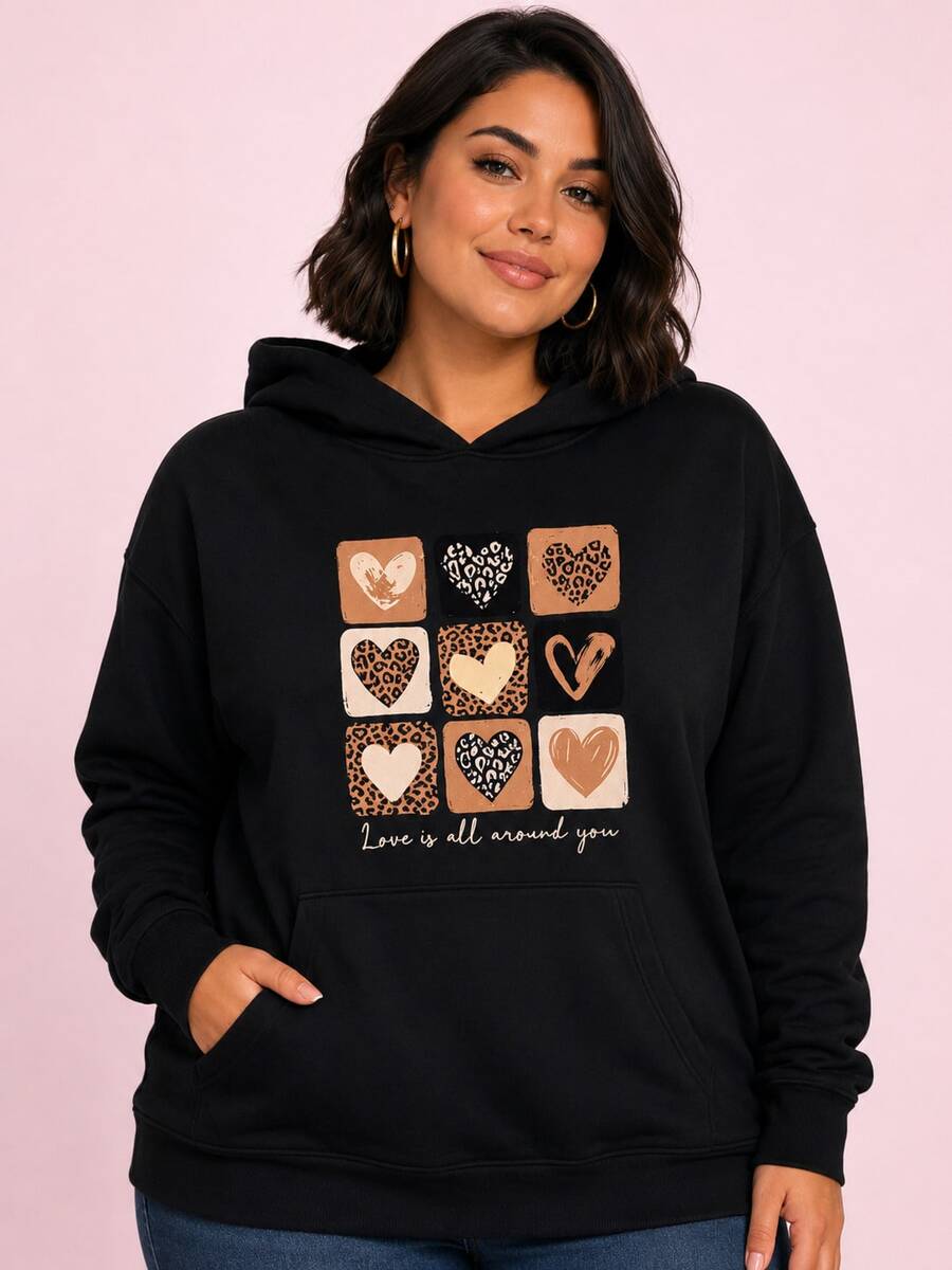 Women's Plus Size Plain Kangaroo Hoodie With Front Pocket And Hood Love Is All - 黑色1 - 查看 1