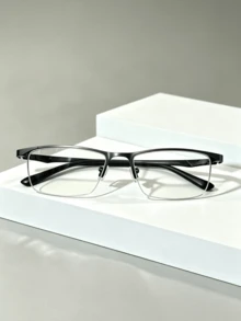 1 Pair Men's Classic Half-Frame Rectangular Glasses, Business Commute Daily Wear Non-Prescription Glasses, Comfortable Non-Slip Temple Glasses Frame - Clear - View 13