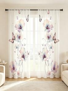 2pcs Digital Printed Sheer Curtains, Watercolor Floral & Butterfly Pattern, Romantic Wedding Style, Suitable For Kitchen, Dining Room, Living Room Decor - Multicolor - View 7