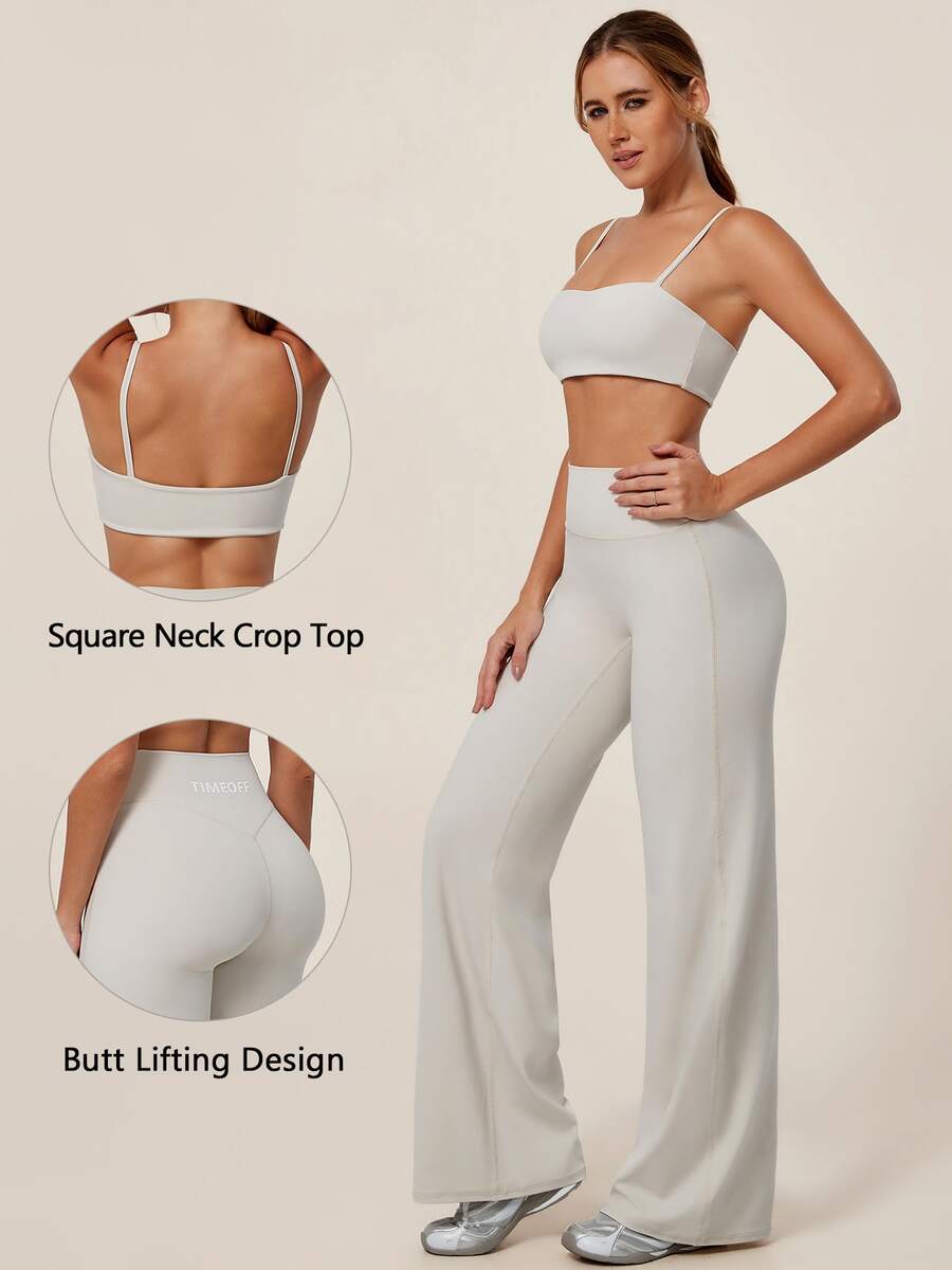 TimeOff Women's One Set Solid Color Spaghetti Strap Backless Bra High Waist Tummy Control Wide Leg Pants Sports Set - Apricot - View 1
